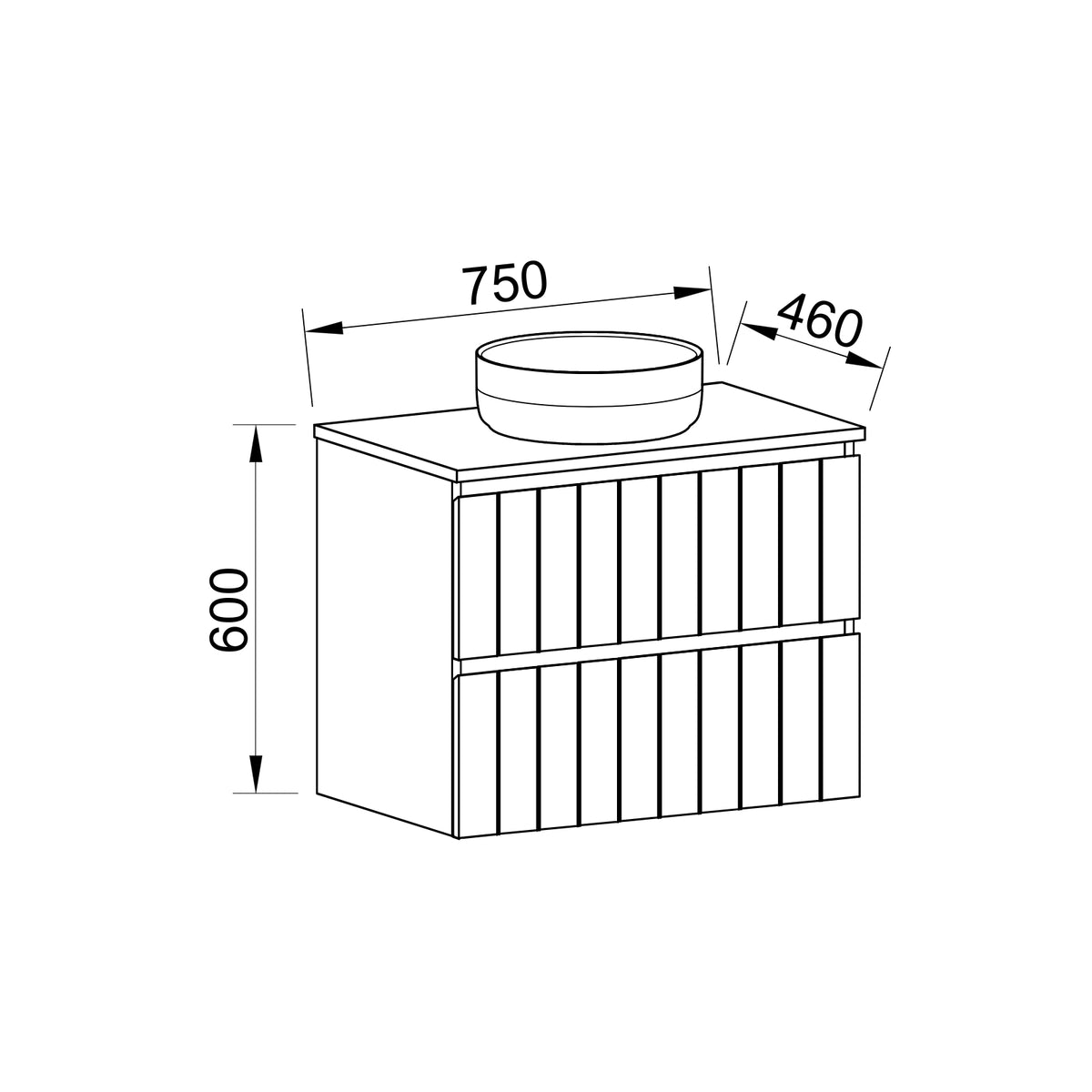 Technical drawing of Timberline Henley Sussex wall hung vanity with centre basin, 750mm wide, 460mm deep, 600mm high