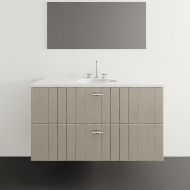 Timberline Henley vertical wall hung vanity with white under counter basin, white satin finish, front view with vertical drawer fronts