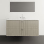 Timberline Henley wall hung vanity in grey with white under counter basin, front view, vertical panelled drawers