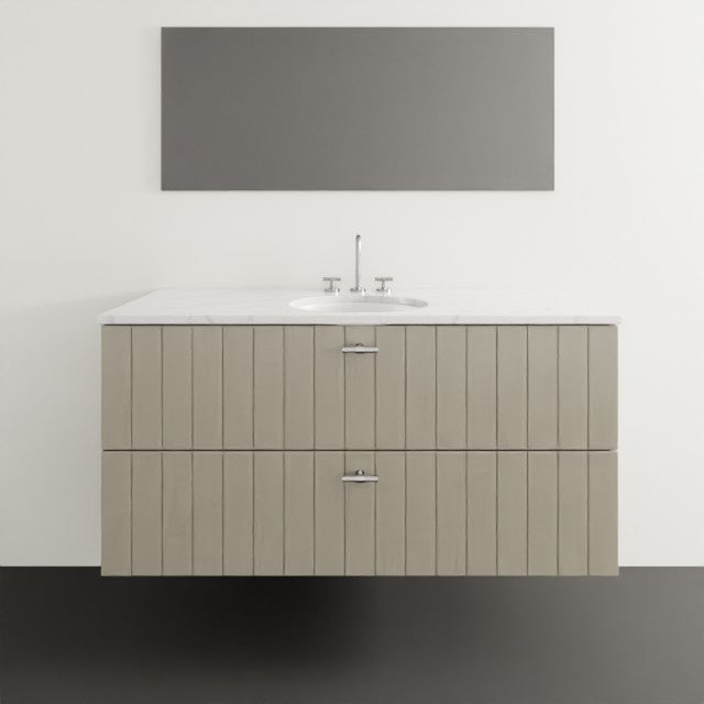 Timberline Henley wall hung vanity in grey with white under counter basin, front view, vertical panelled drawers