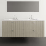 Timberline Henley vertical wall hung vanity, white satin with knurled bar handles and double under counter basins, front view