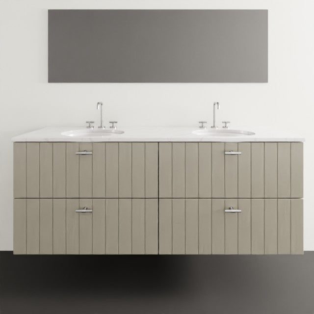 Timberline Henley vertical wall hung vanity, white satin with knurled bar handles and double under counter basins, front view