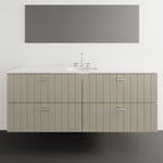 Timberline Henley vertical wall hung vanity in white satin with under counter basin, vertical slatted front and chrome handles