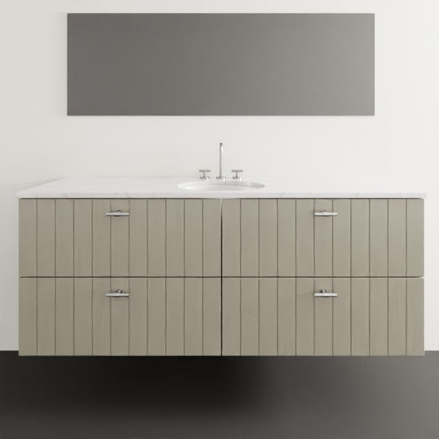 Timberline Henley vertical wall hung vanity in white satin with under counter basin, vertical slatted front and chrome handles