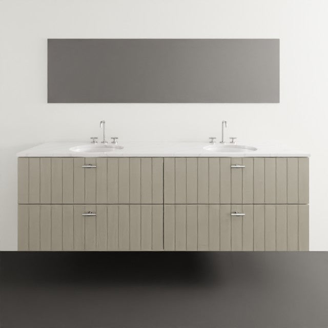 Timberline Henley wall hung vanity with white double basin, vertical panel drawers and grey finish, front view