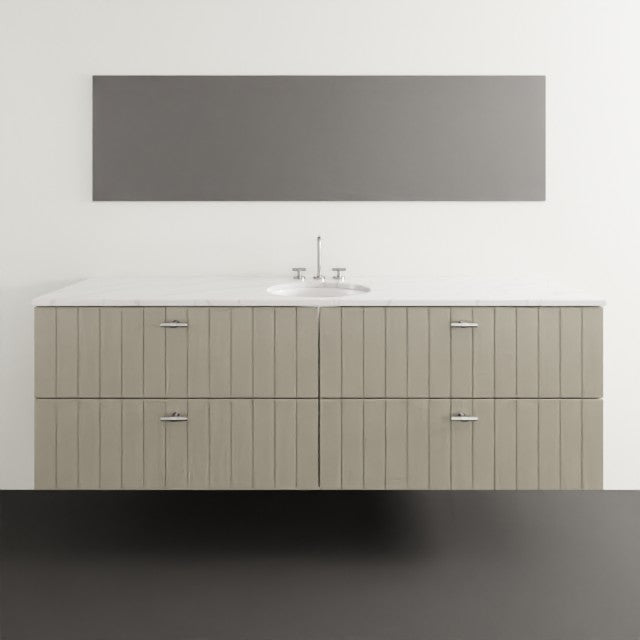 Timberline Henley wall hung vanity with white basin, vertical panelled drawers and grey satin finish, front view