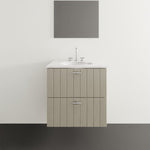 Timberline Henley vertical wall hung vanity with white basin, vertical groove drawers and chrome handles in a bathroom setting