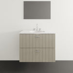 Timberline Henley vertical wall hung vanity with white basin, vertical panelled front and chrome handles, front view
