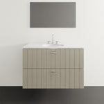 Timberline Henley wall hung vanity in white satin with white under counter basin, vertical grooved drawers and chrome handles
