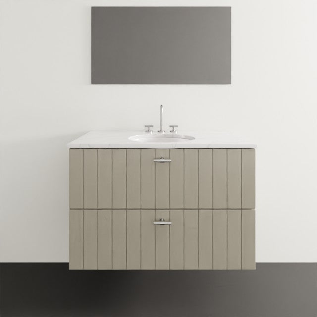 Timberline Henley wall hung vanity in white satin with white under counter basin, vertical grooved drawers and chrome handles