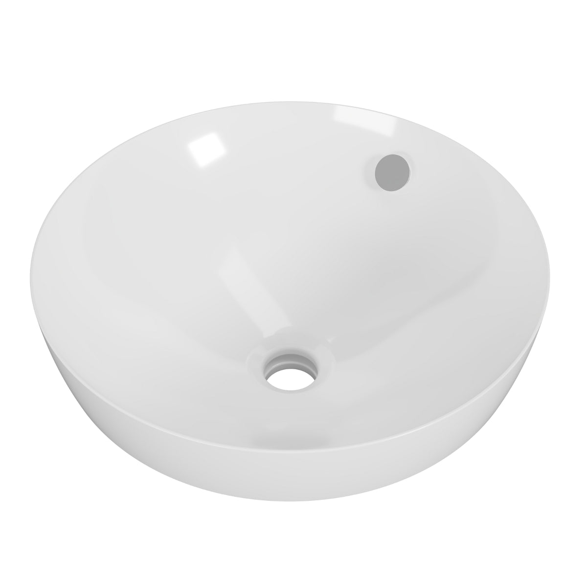 Timberline Henry round semi inset bathroom basin in white gloss ceramic, with overflow hole visible