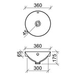 Timberline Henry round semi inset basin technical drawing with 360mm width and white gloss finish dimensions