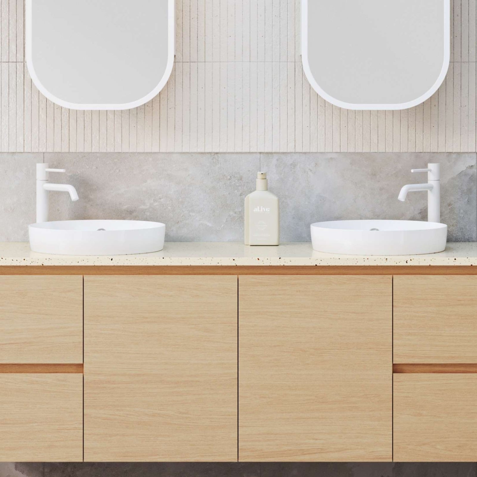 Timberline Henry white gloss round semi inset basin in a modern double vanity bathroom setting