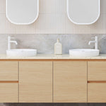 Timberline Henry white gloss round semi inset basin in a modern double vanity bathroom setting