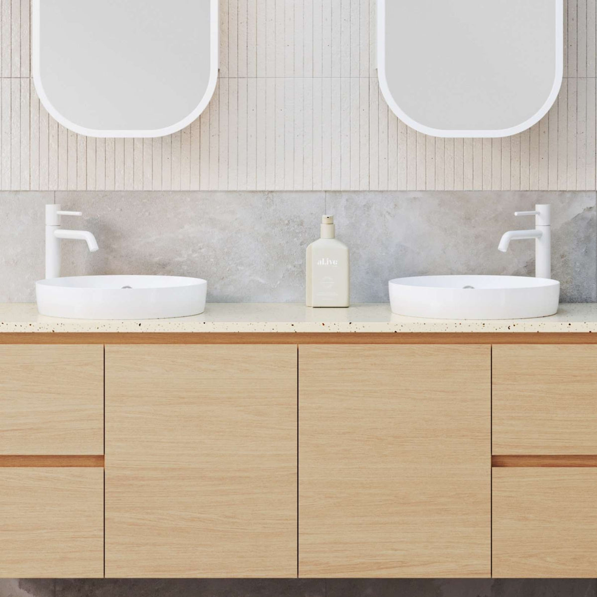 Timberline Henry white gloss round semi inset basin in a modern double vanity bathroom setting