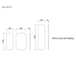 Technical drawing of Timberline Jazz Arch Mirror, showing 400mm and 600mm sizes, 1000mm and 1500mm heights, with 40mm deep lighting option