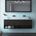 Timberline Kansas wall hung vanity with white Haven top, black finish and open shelf in bathroom setting