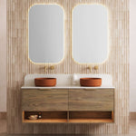 Timberline Kansas wall hung vanity with white top and woodgrain drawers, open shelf below, in a bathroom setting