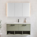 Timberline Kansas wall hung vanity with Regal acrylic top, olive satin finish, black handles, in bathroom setting