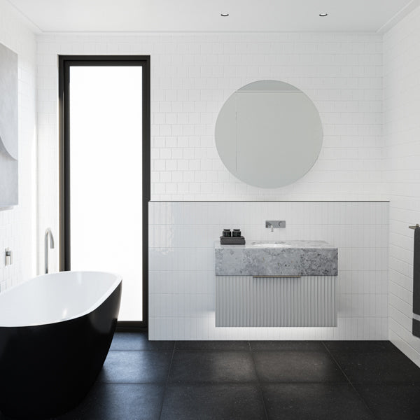 Timberline Havana round shaving cabinet in a modern bathroom above a vanity, shown in a white wall setting.
