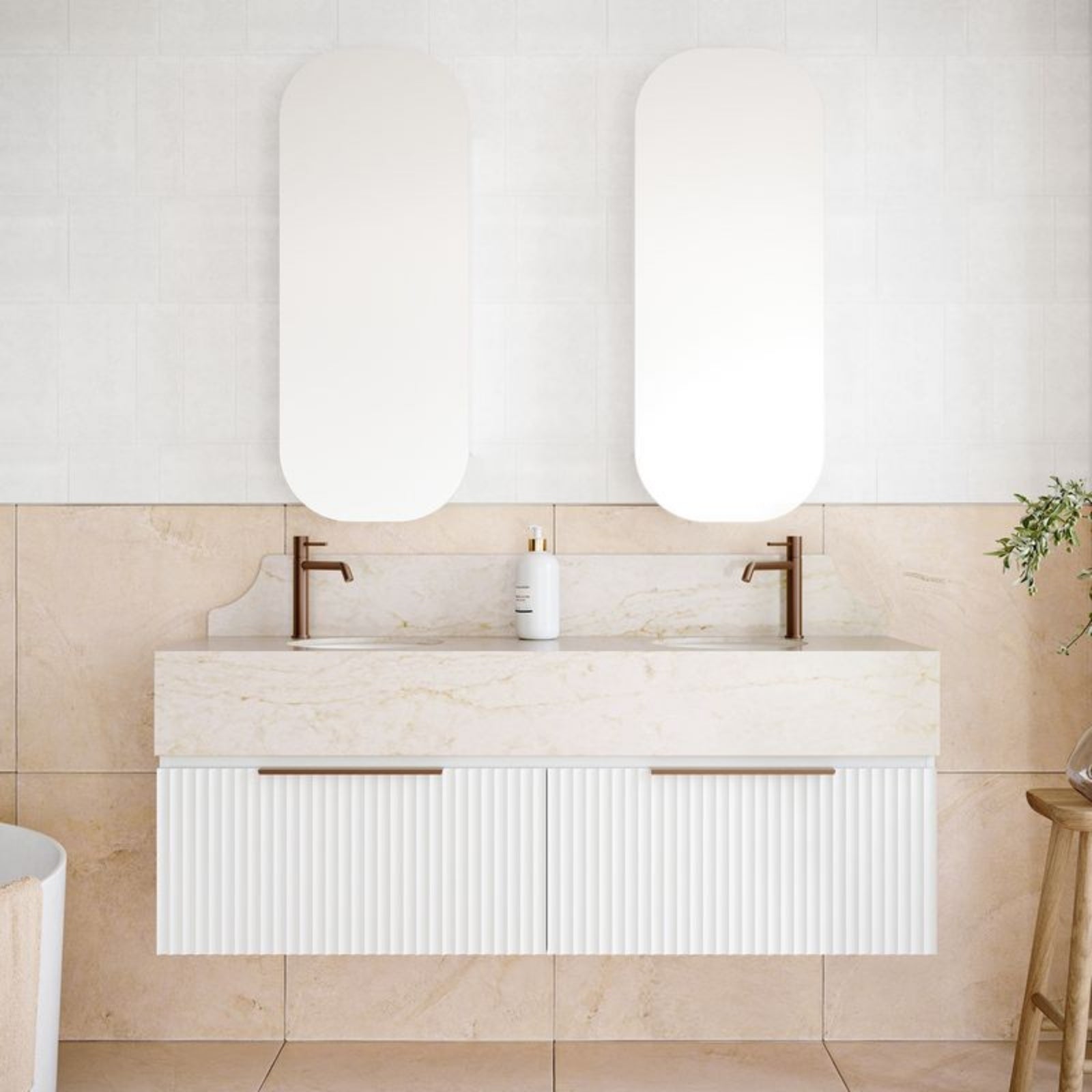 Timberline Kingsley Apollo wall hung vanity in white with SilkSurface box top and fluted drawers, front view
