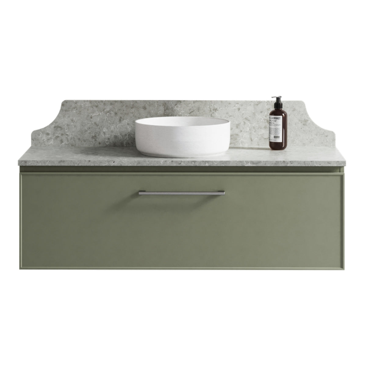 Timberline Kingsley Kent wall hung vanity in sage green with grey SilkSurface top and white above counter basin