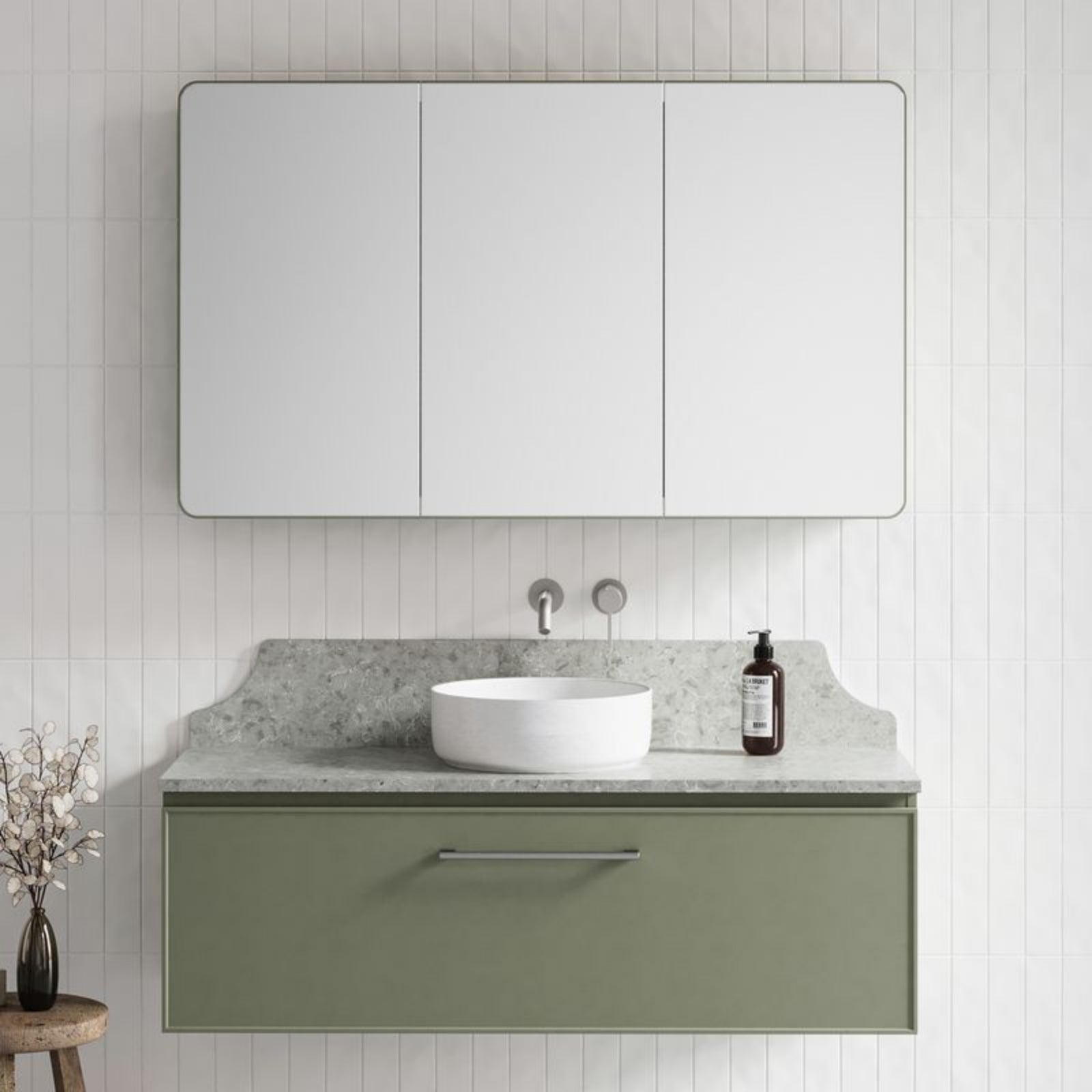 Timberline Kingsley Kent wall hung vanity in sage green with grey stone top and white above-counter basin