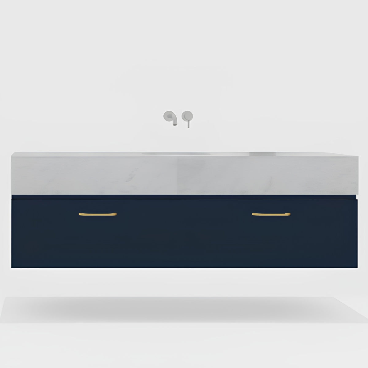 Timberline Kingsley Apollo wall hung vanity with white box top, navy drawers and gold handles, front view