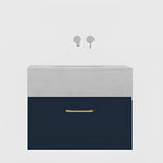 Timberline Kingsley Apollo wall hung vanity in navy and white with gold handle, front view with box top and basin cut-out