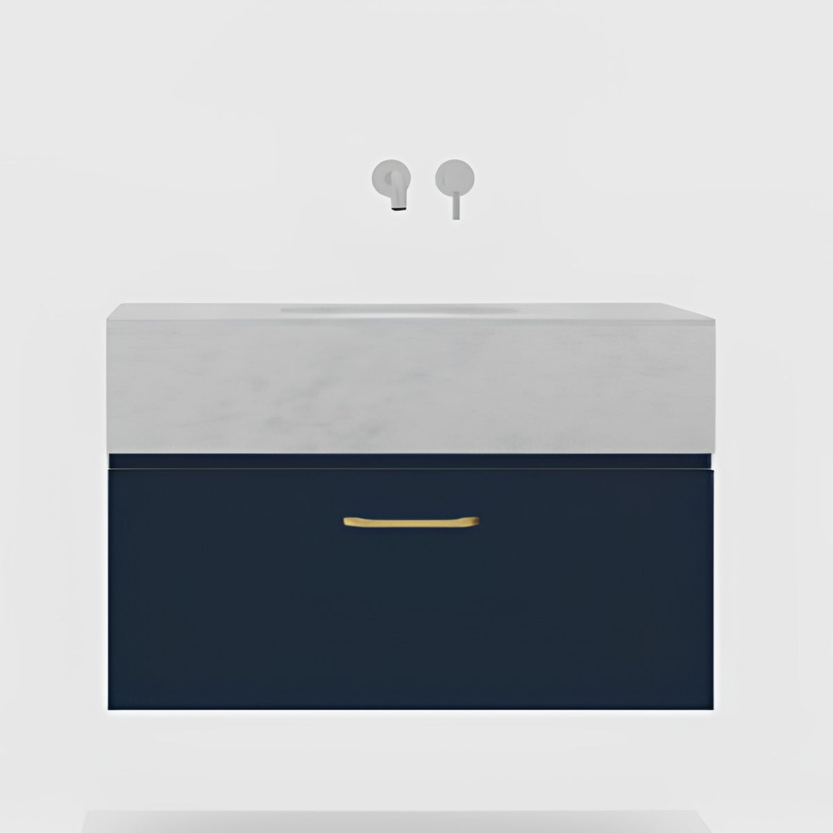 Timberline Kingsley Apollo wall hung vanity in navy with white SilkSurface top and brass handle, front view