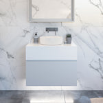 Timberline Kingsley wall hung vanity in white satin with box top and round above counter basin, front view