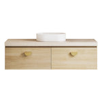 Timberline Kingsley wall hung vanity in light woodgrain with beige top and white above counter basin, front view