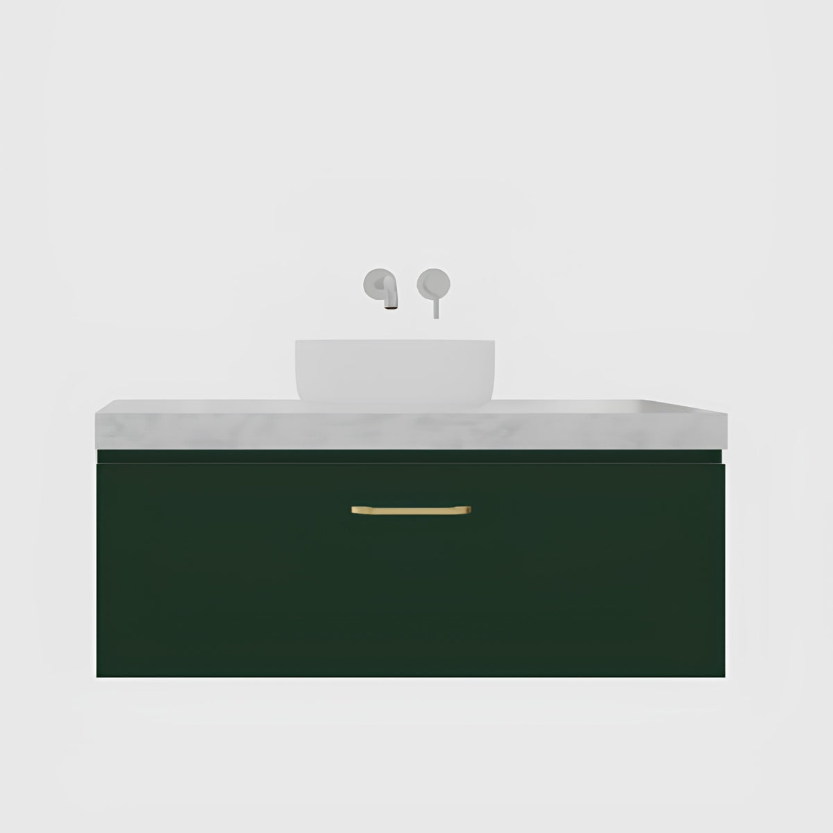 Timberline Kingsley wall hung vanity with white top, above counter basin and dark green cabinet with brass handle