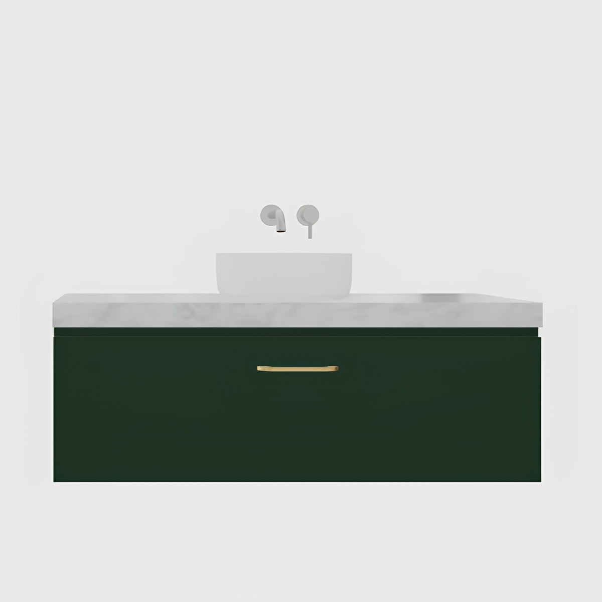 Timberline Kingsley wall hung vanity in dark green, with white top, above-counter basin and brushed brass handle