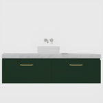 Timberline Kingsley wall hung vanity in dark green with white top, above counter basin and brass handles, front view