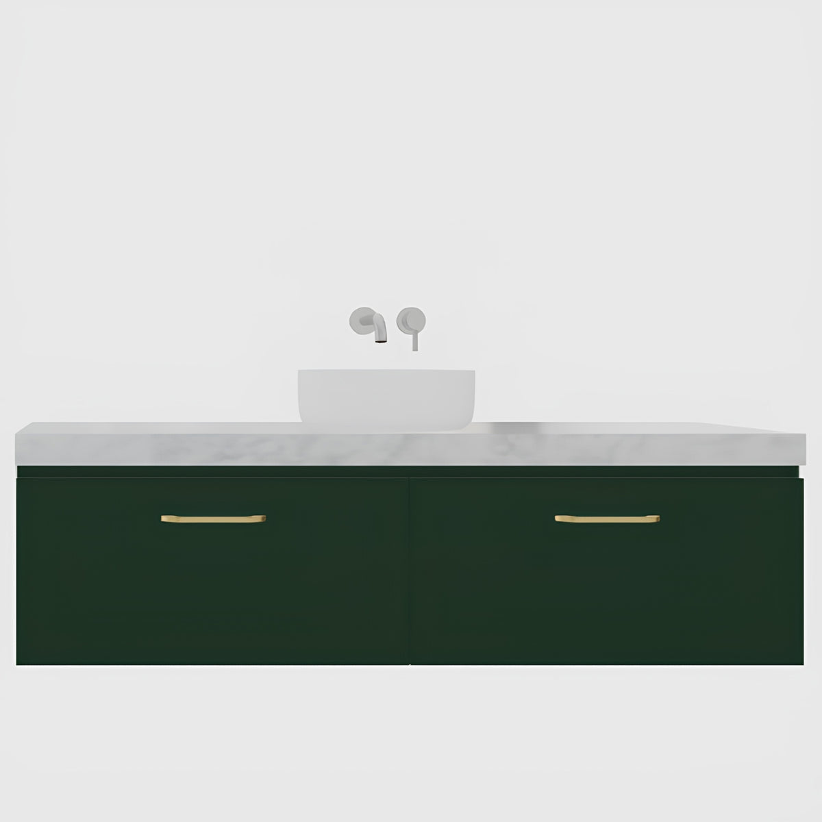 Timberline Kingsley wall hung vanity in dark green with white top, above counter basin and brass handles, front view