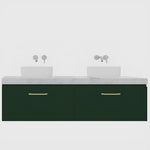 Timberline Kingsley wall hung double vanity with white top, above counter basins and dark green drawers with brass handles