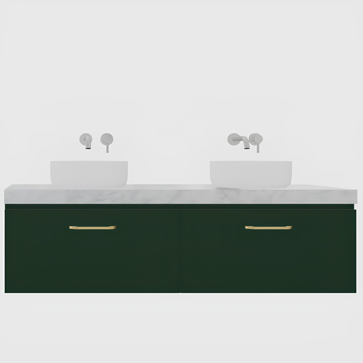 Timberline Kingsley wall hung double vanity with white top, above counter basins and dark green drawers with brass handles