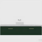 Timberline Kingsley wall hung vanity with white top, above counter basin and dark green drawers with brass handles