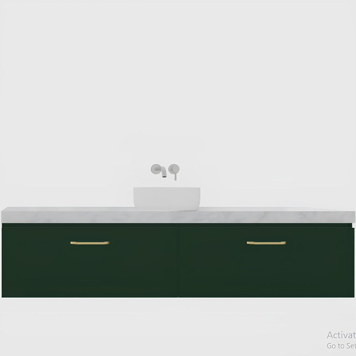 Timberline Kingsley wall hung vanity with white top, above counter basin and dark green drawers with brass handles