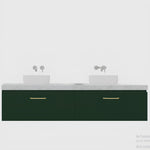 Timberline Kingsley wall hung vanity in dark green with white top, twin above counter basins and brass handles