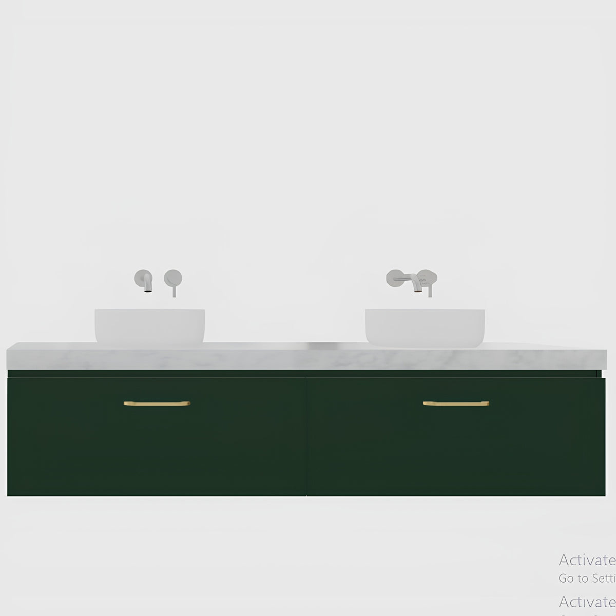 Timberline Kingsley wall hung vanity in dark green with white top, twin above counter basins and brass handles