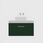 Timberline Kingsley wall hung vanity with white basin, dark green cabinet and brushed brass handle, front view