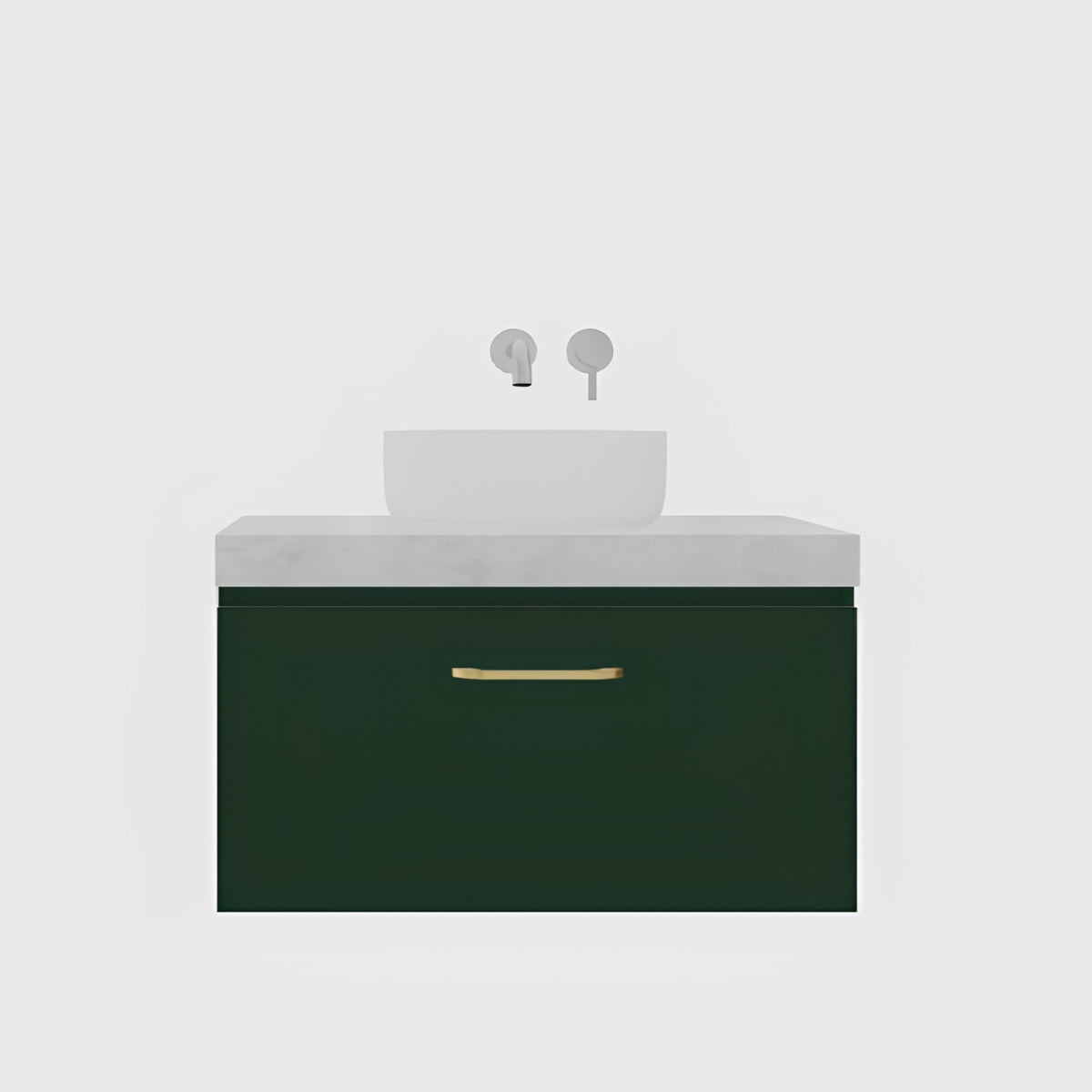 Timberline Kingsley wall hung vanity with white basin, dark green cabinet and brushed brass handle, front view