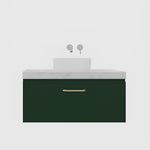 Timberline Kingsley wall hung vanity with white basin, dark green drawer front and gold handle, front view