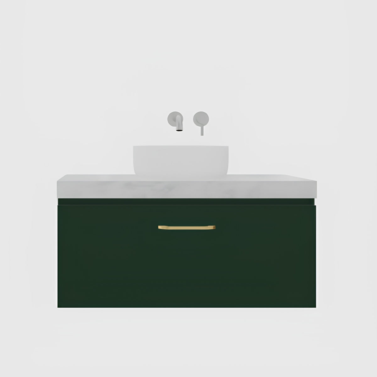 Timberline Kingsley wall hung vanity with white basin, dark green drawer front and gold handle, front view