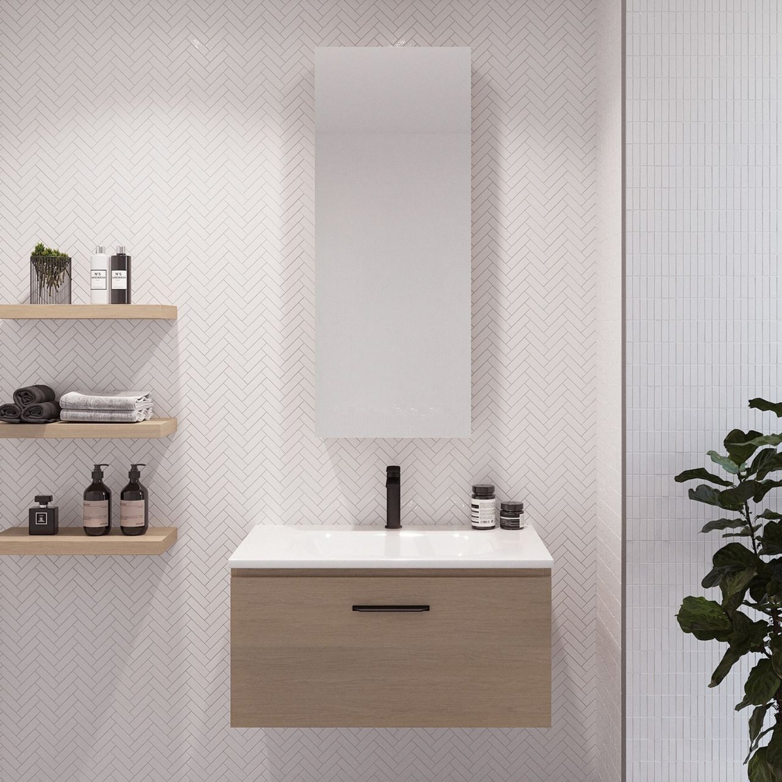 Timberline Kingsley wall hung vanity with white mineral composite top and woodgrain drawer front in bathroom setting