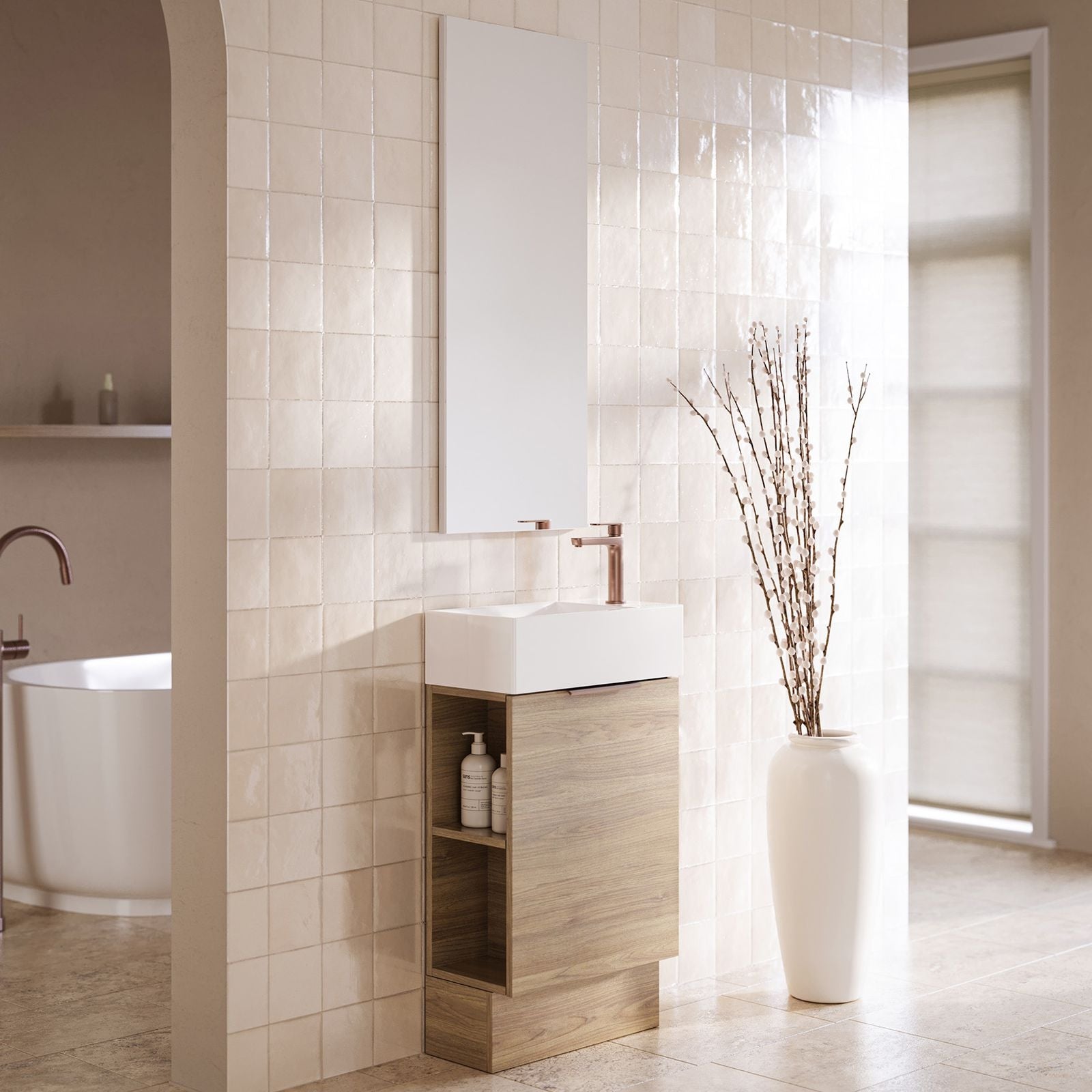 Timberline Lottie floor standing vanity in light walnut with white ceramic top, shown in a bathroom setting