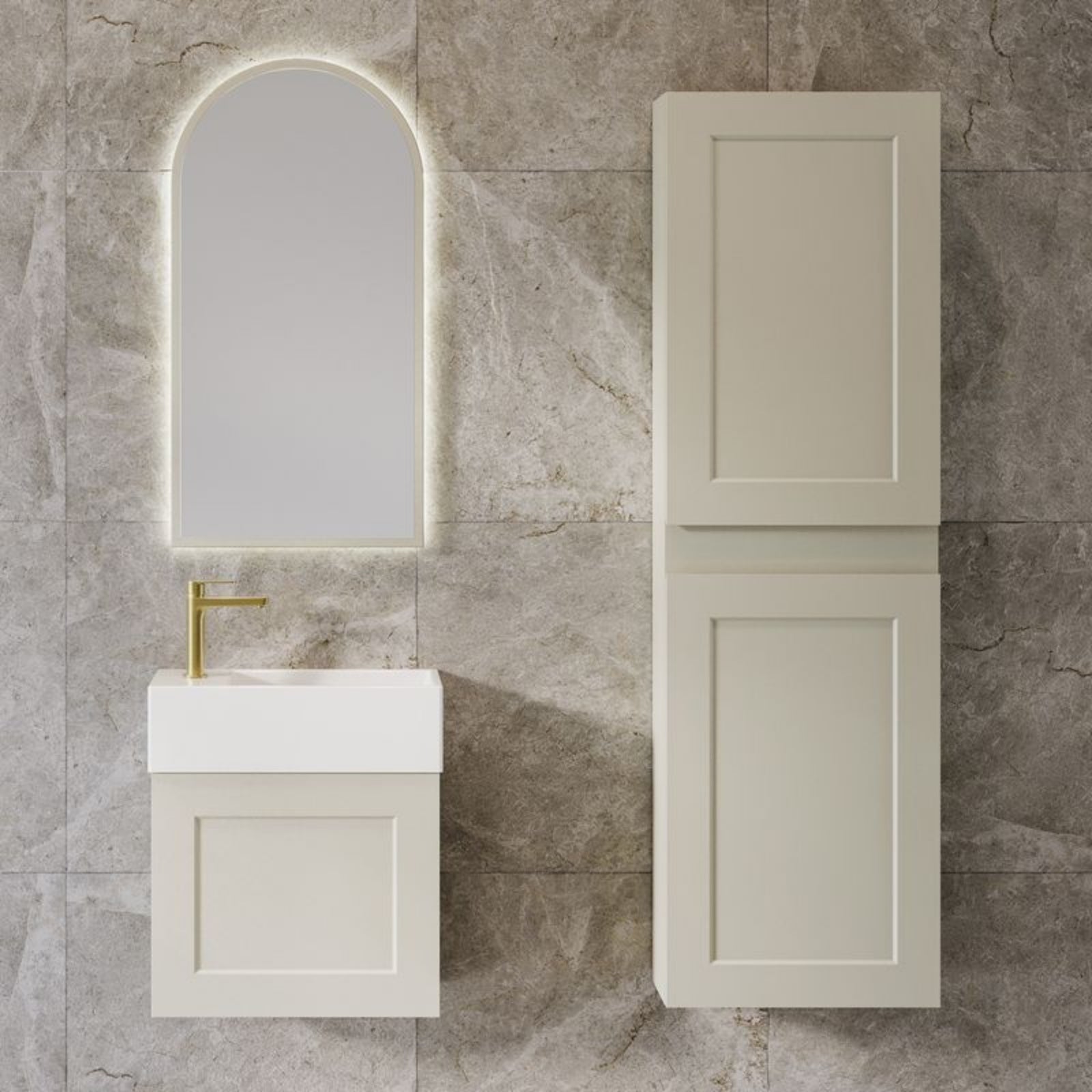 Timberline Lottie Sussex wall hung vanity with white ceramic top, soft-close door and arched mirror in a bathroom setting