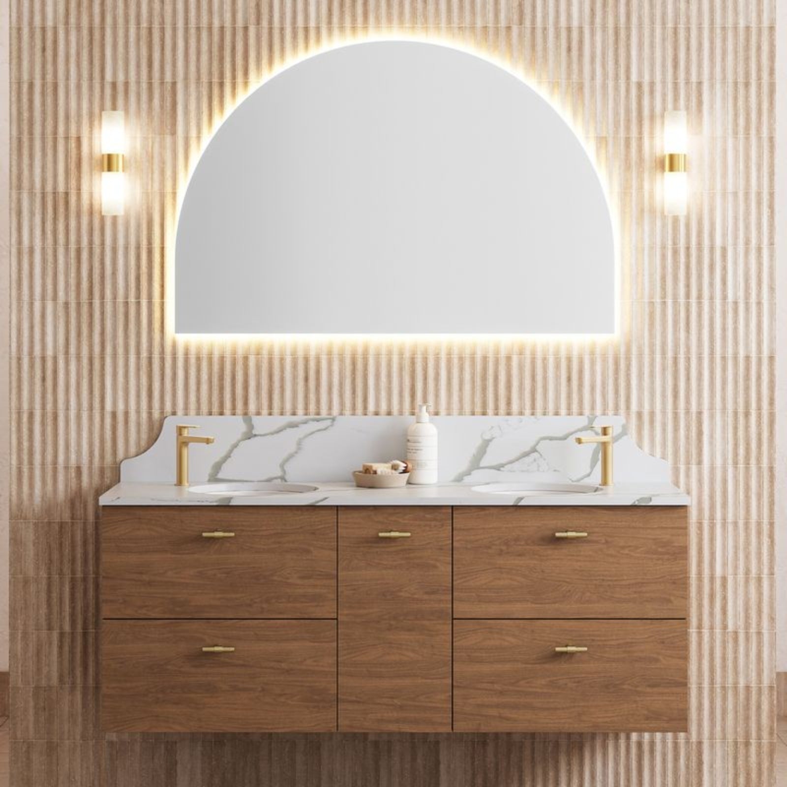 Timberline Marshall wall hung vanity in woodgrain with white SilkSurface top, double undercounter basins and gold handles